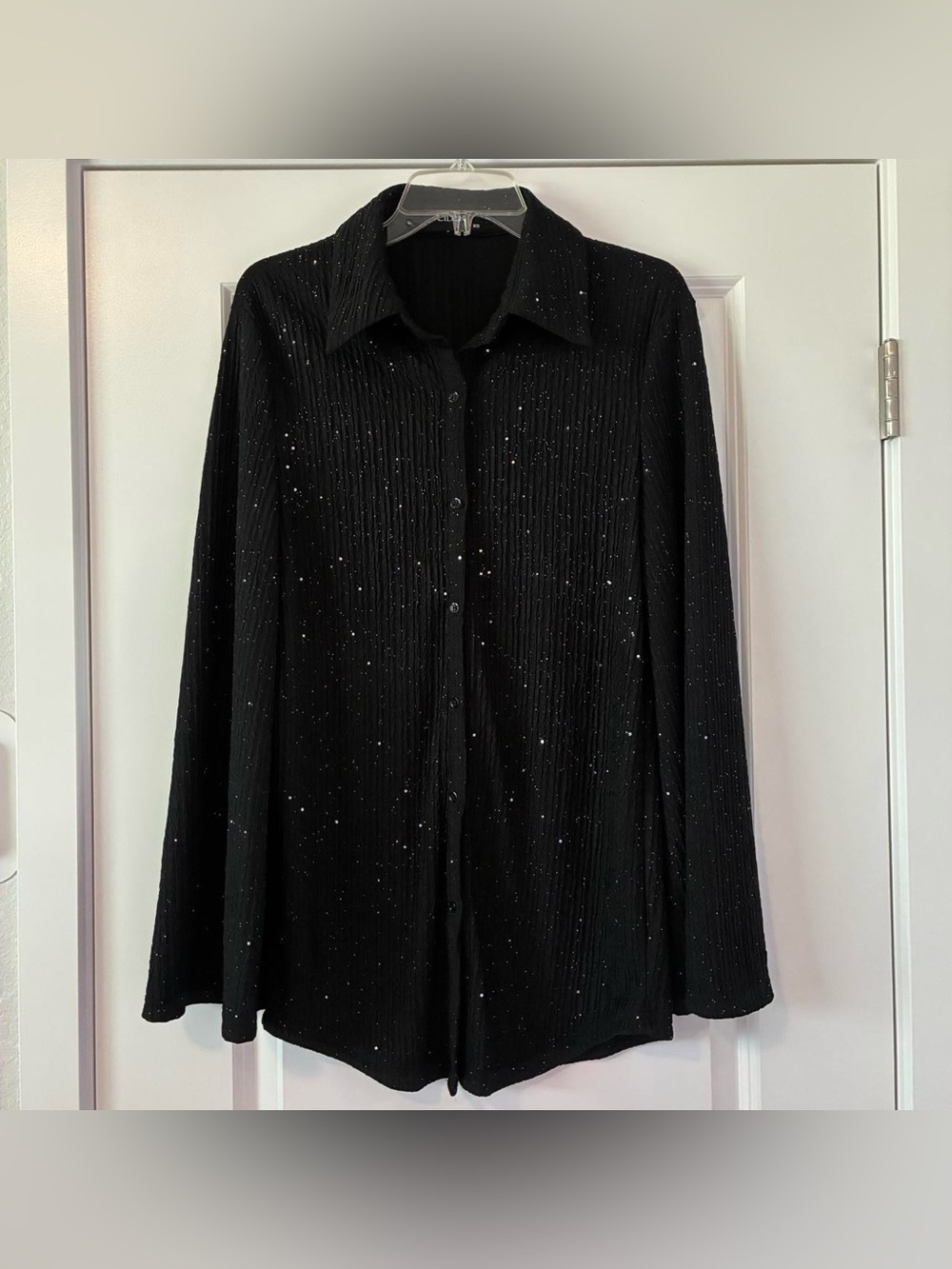 Cider sparkly black long sleeve button down shirt with bell sleeves